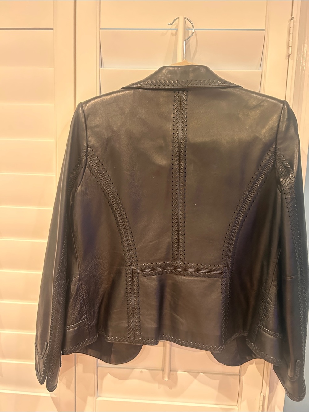 St. John couture Black Leather Braided-Trim Blazer Jacket - Picture 3 of 6
